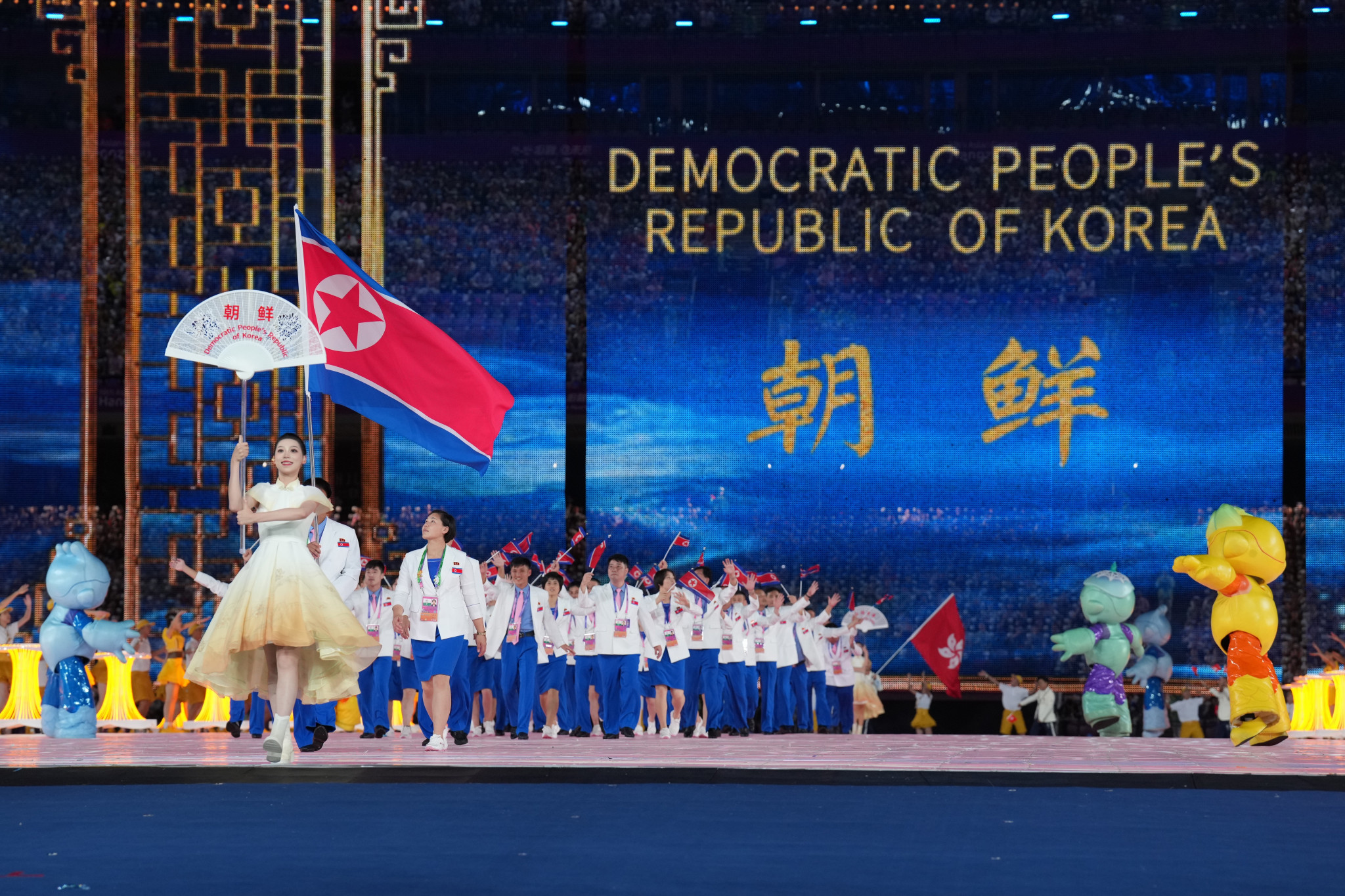 North Korea held their national flag aloft during the Opening Ceremony of the Hangzhou 2022 Asian Games ©Getty Images