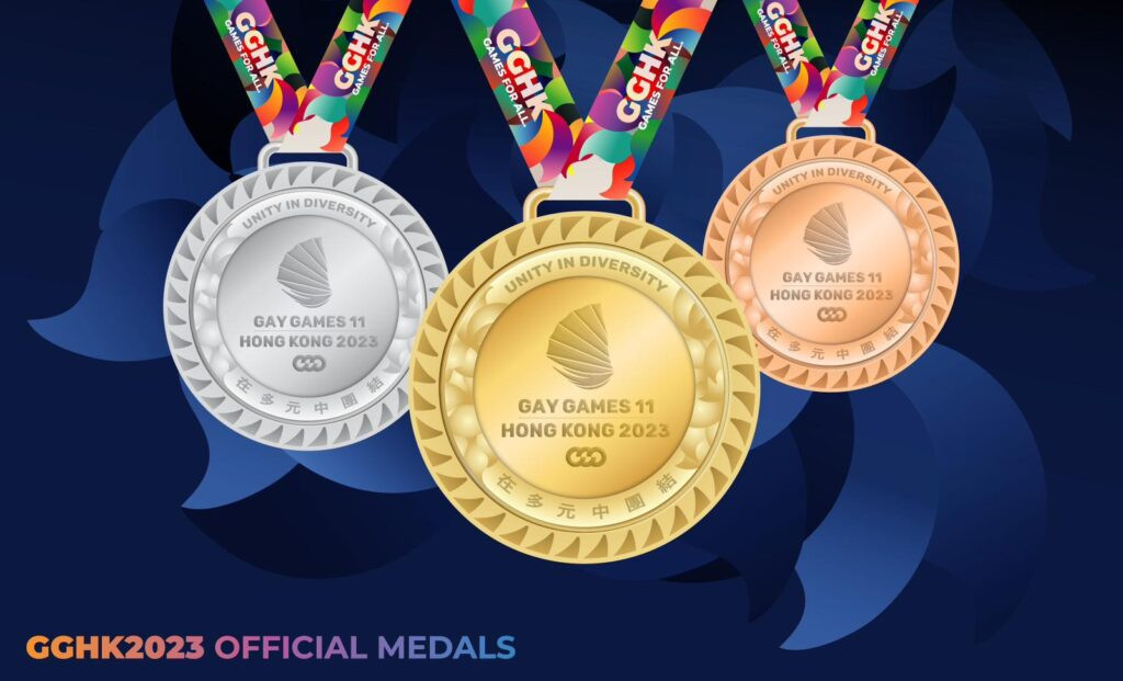 Unity in Diversity, the official slogan of the Gay Games 2023, is written across the medals in English and Chinese ©Gay Games 2023