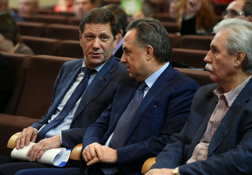 Vitaly Mutko (centre), pictured with Russian Olympic Committee head Alexander Zhukov has repeatedly criticised WADA for their handling of meldonium ©Getty Images