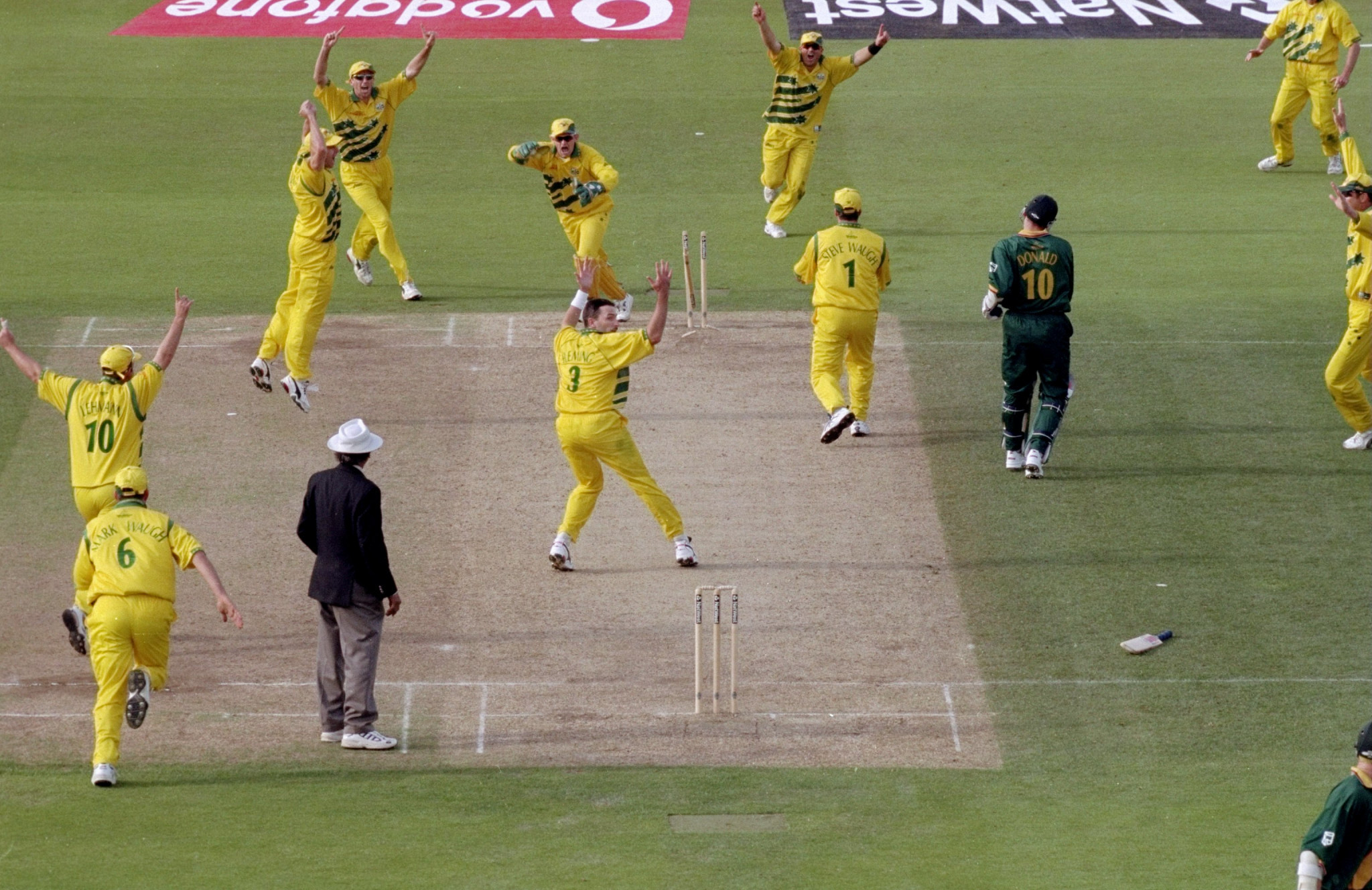 Jubilation for the Australians after Allan Donald of South Africa was run out in the 1999 semi-final. The match was tied but Australia went through to the final by virtue of their superior record in the earlier matches ©Getty Images