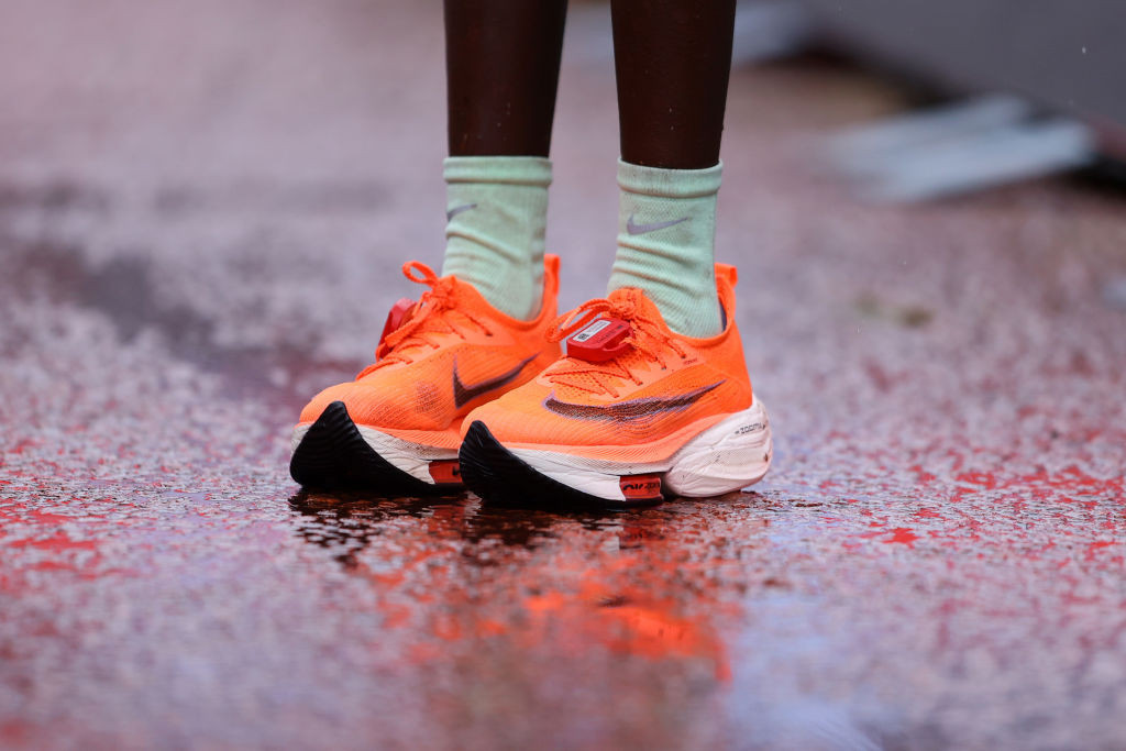 Brigid Kosgei of Kenya wore Nike VaporFly shoes in setting a women's world marathon record in Chicago in 2019 and in winning the following year's London Marathon title ©Getty Images