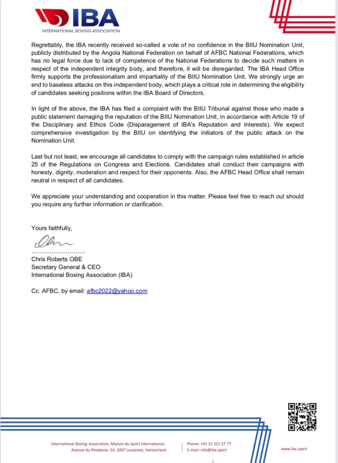 IBA secretary general and chief executive Chris Roberts has written to all the African Boxing Confederation members threatening them over this month's elections ©ITG