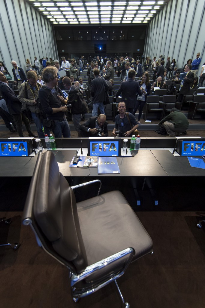 Journalists take their seats ahead of the arrival of Sepp Blatter at today's press conference ©Getty Images