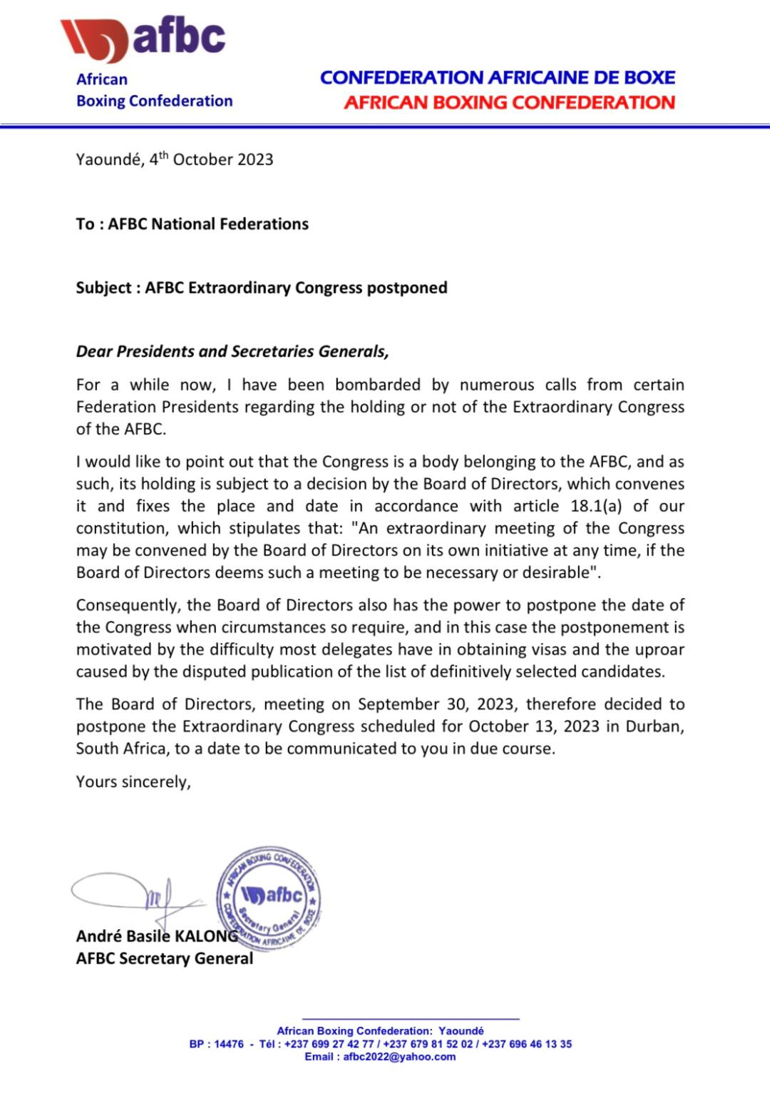 A letter was sent today by the African Boxing Confederation to its Member Federations telling them that the meeting to elect a new President on October 13 in Durban has been postponed ©ITG