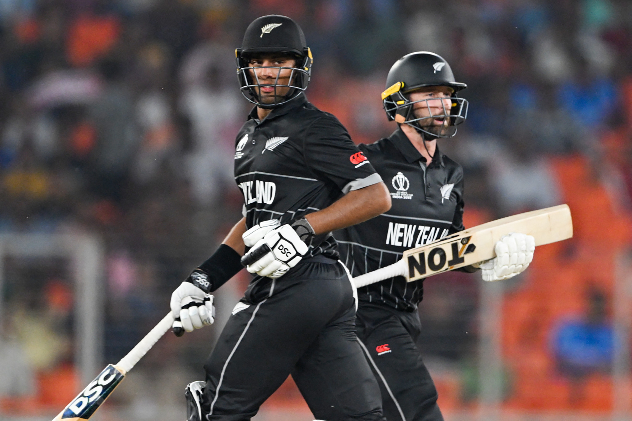 Rachin Ravindra, left, and Devon Conway, right, helped New Zealand to a dominant win in the first match of the ICC Men's Cricket World Cup against New Zealand ©Getty Images