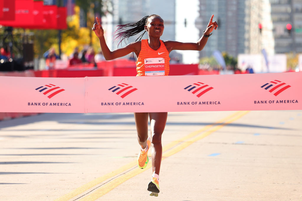 Kenya's Ruth Chepngetich, pictured winning last year's Chicago Marathon title in the second fastest time ever run, will seek a third consecutive title tomorrow ©Getty Images