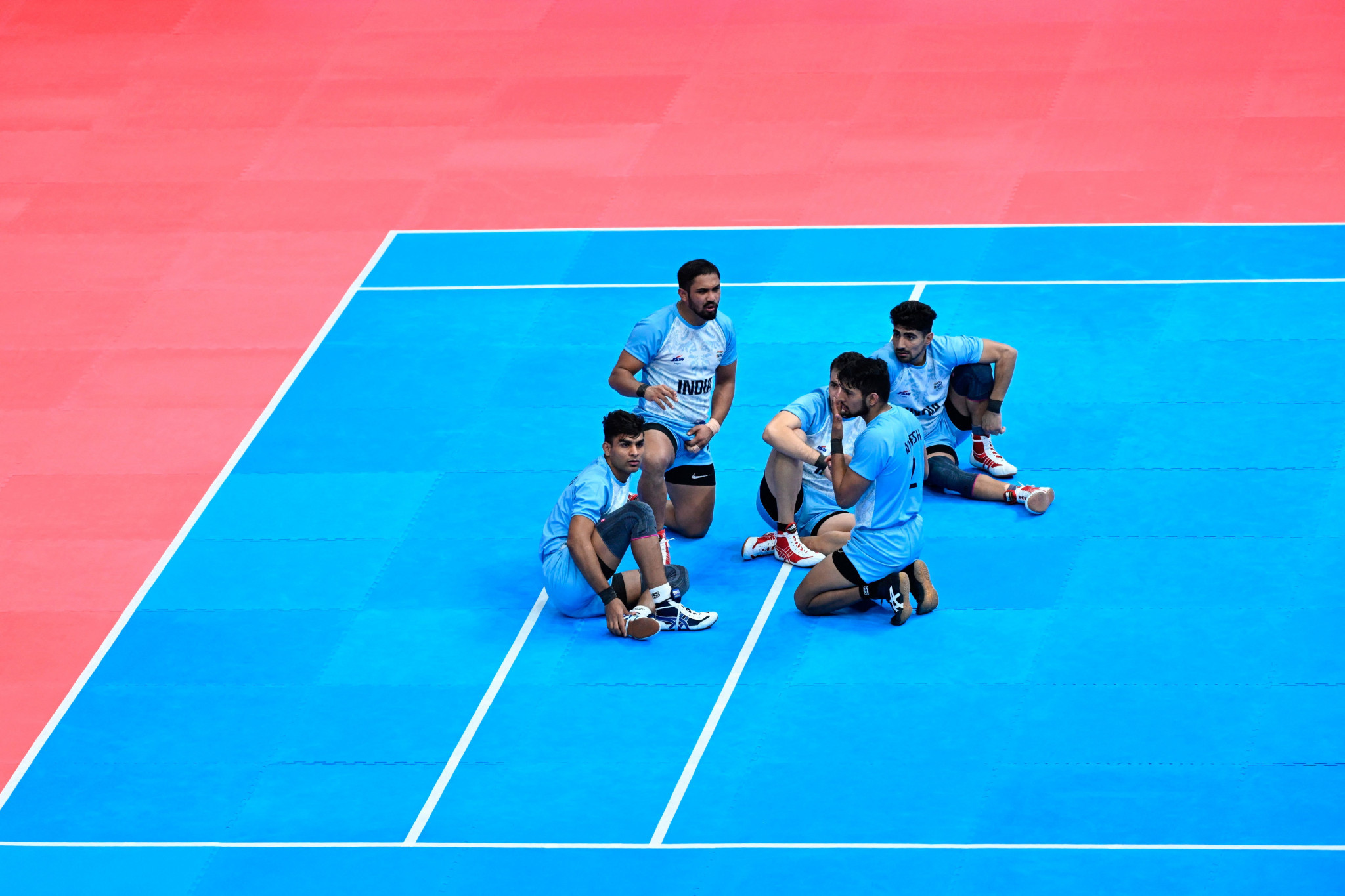 Indian players stage a sit-down protest in the men's kabaddi final against Iran before emerging victorious following a long delay ©Getty Images