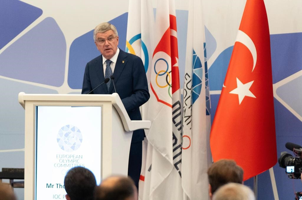 IOC President Thomas Bach was in attendance on day two of the EOC General Assembly, underlining the organisation's stance on the participation of Russian and Belarusian athletes ©EOC