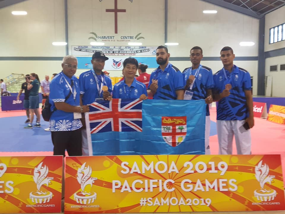 Fiji's taekwondo team at Samoa 2019 won five medals, a silver and four bronze, but the gold proved elusive ©FASANOC