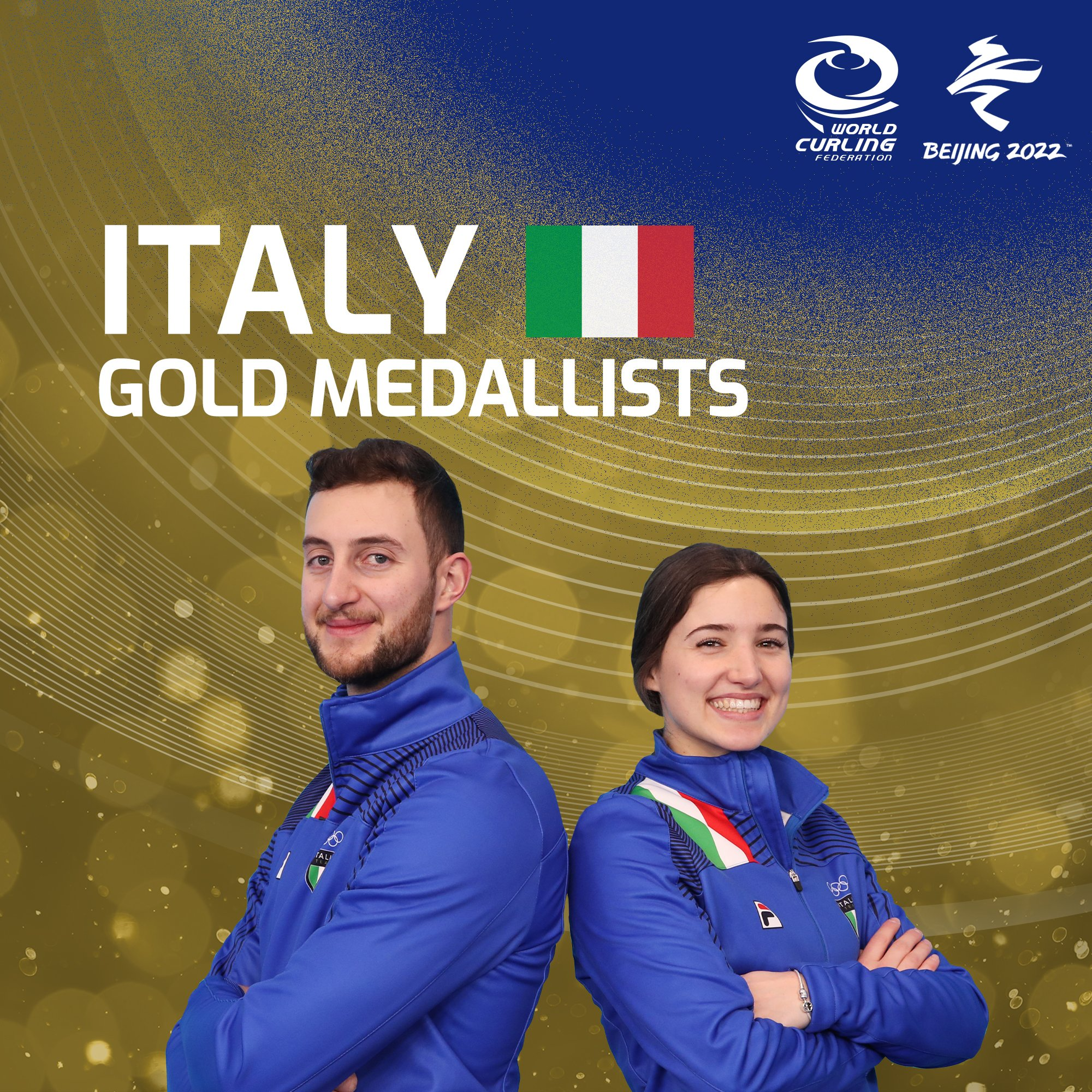 Italy's Amos Mosaner, left, and Stefania Constantini, right, won the Olympic gold medal in the mixed doubles at Beijing 2022 ©World Curling