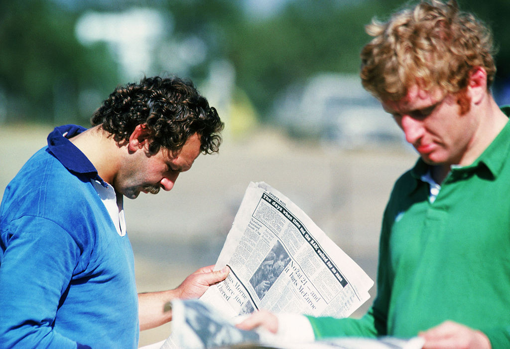 England's Maurice Colclough, pictured right with captain Bill Beaumont reading local papers on the 1980 Lions Tour, was a celebrated figure as captain of the Angouleme team in south-west France ©Getty Images