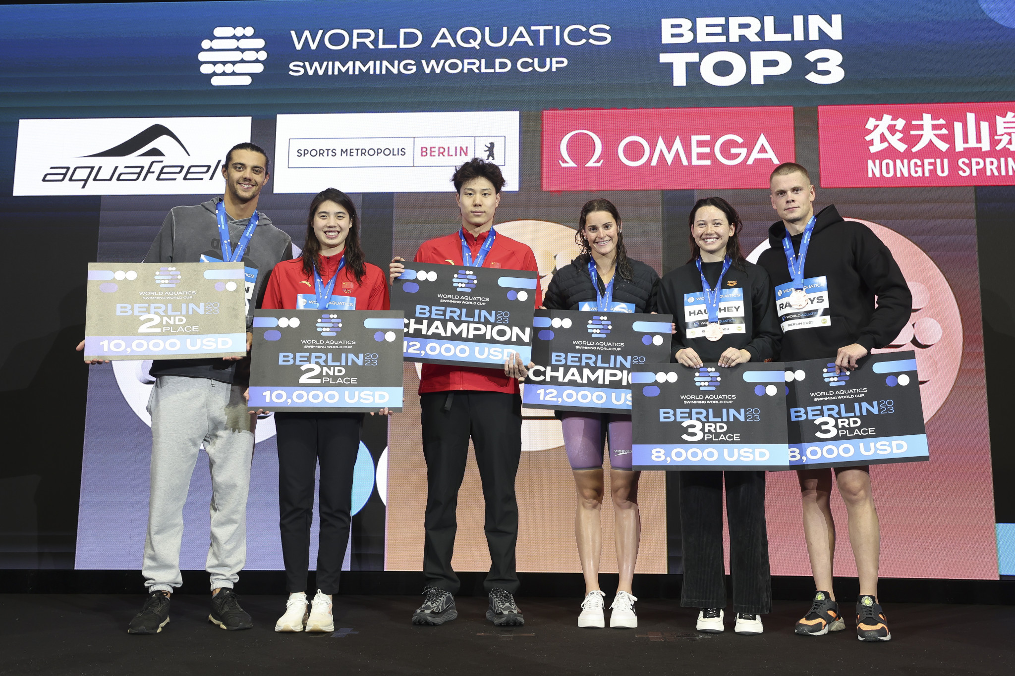 China's Qin Haiyang, third left, was the leading male athlete at the Swimming World Cup in Berlin ©Getty Images