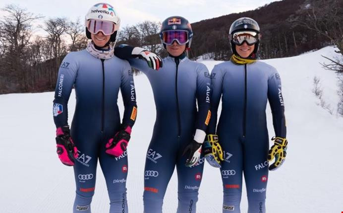 The latest EA7 Emporio Armani bodysuits modelled by top Italian skiers, from left, Marta Bassino, Sofia Goggia and Federica Brignone ©Armani