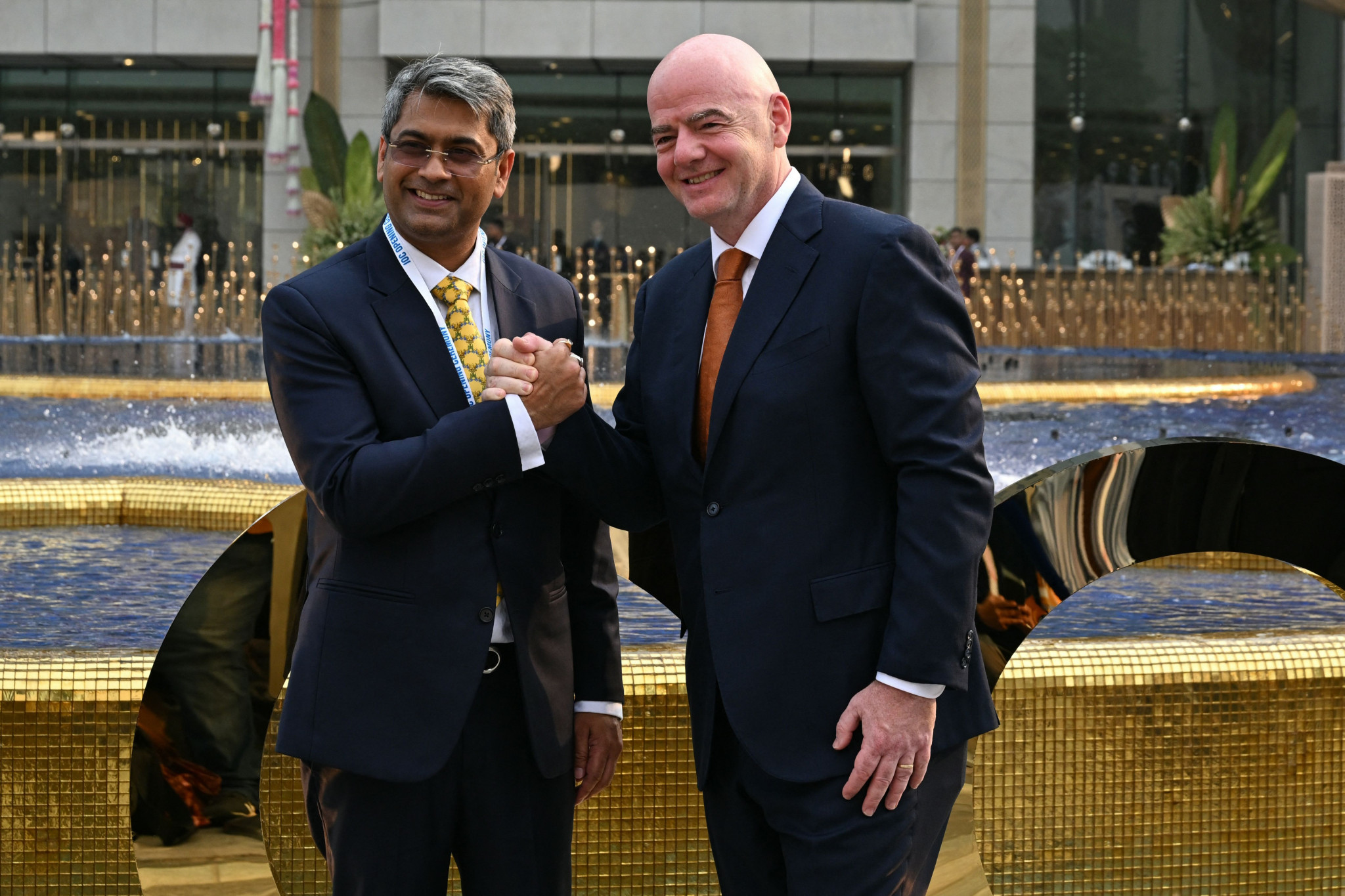 FIFA President and Swiss IOC member Gianni Infantino, right, was joined by All India Football Federation President Kalyan Chaubey, right, for the Opening Ceremony of the IOC Session in Mumbai ©Getty Images