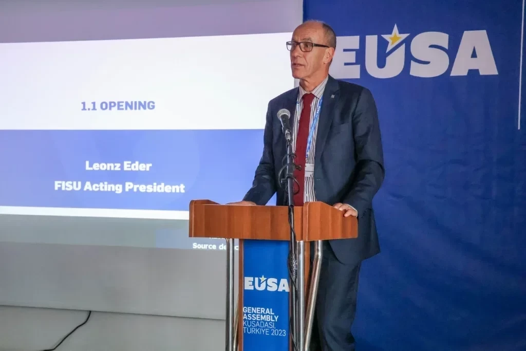 Acting FISU President Leonz Eder gave a welcoming address at the EUSA General Assembly ©EUSA