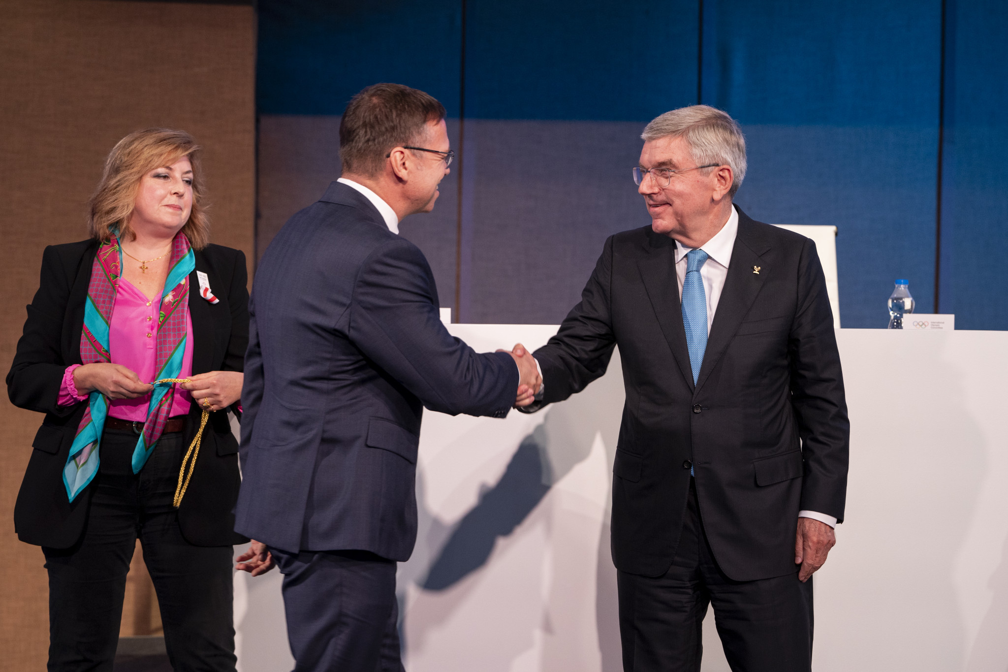 Balázs Fürjes of Hungary, centre, secured election as an IOC member ©IOC/Greg Martin