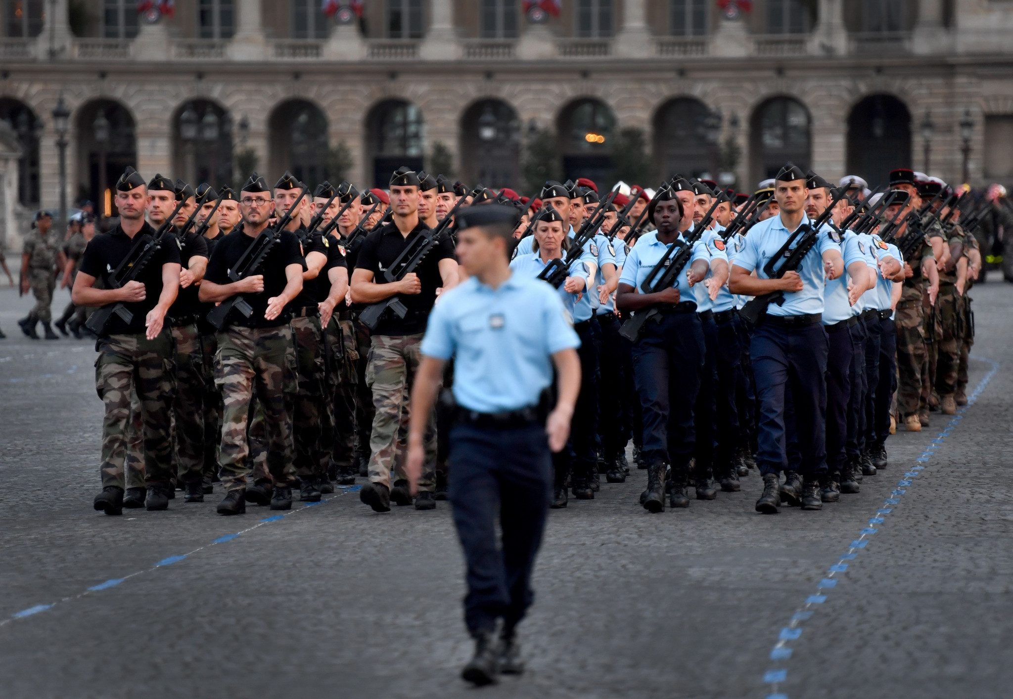 French gendarmes, who are set to be deployed during the Olympics, march in Paris ©Getty Images