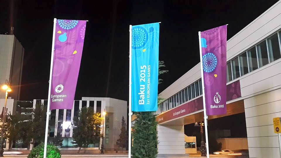 Baku 2015 flags line the walkway through to the Media Village ©ITG