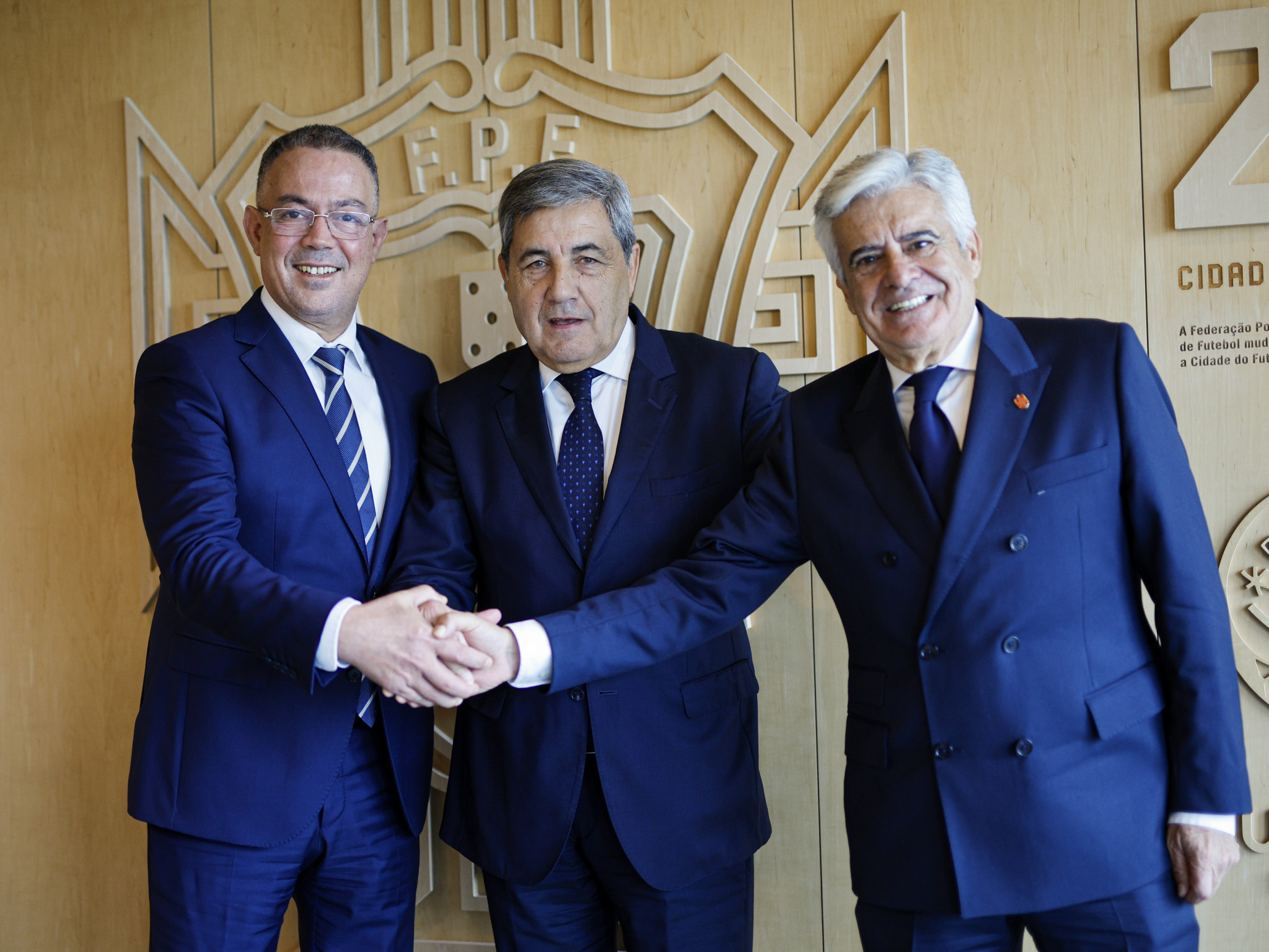 Respective Presidents of the Moroccan, Portuguese and Spanish FAs, from left Fouzi Lekjaa, Fernando Gomes and Pedro Rocha, agreed to present their formal letter of intent to FIFA on October 28, confirming their joint bid for the 2030 FIFA World Cup ©bcw sports
