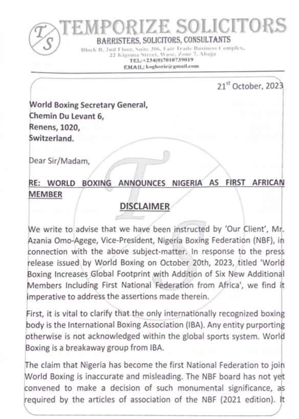 Part of the disclaimer signed by NBF vice-president Azania Omo-Agege's legal counsel ©ITG