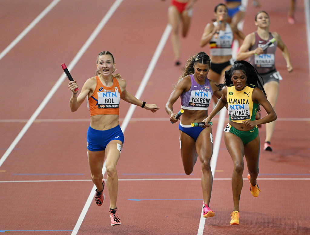 Femke Bol, the women's European Athlete of the Year, pictured earning a last gasp victory in the women's 4x400m relay at the World Athletics Championships in Budapest ©Getty Images