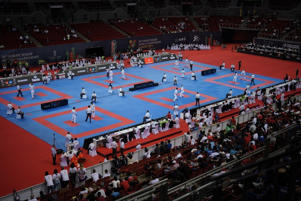 The Papp László Budapest Sports Arena was almost empty when the the delayed women's under-50kg repechage matches were contested ©WKF