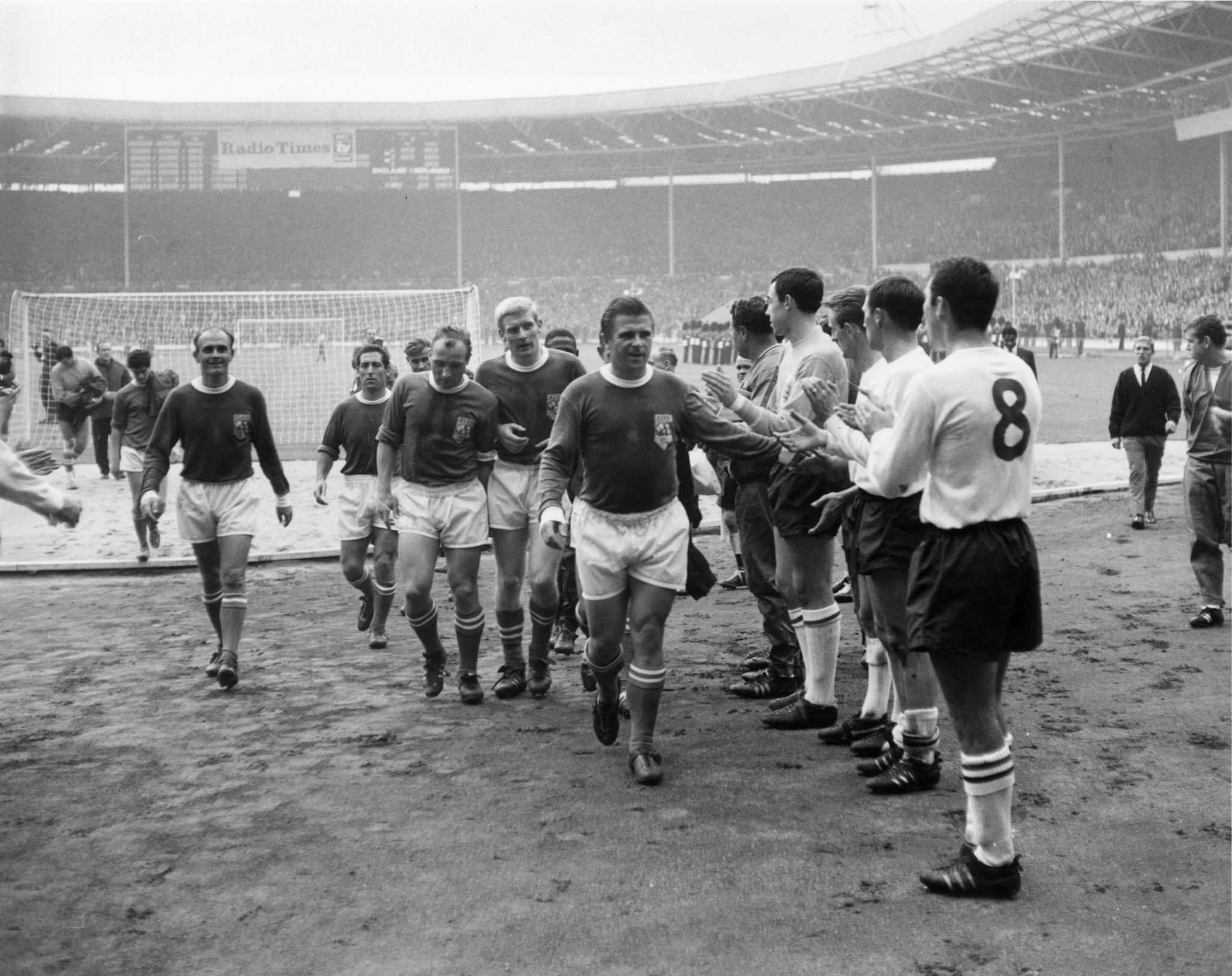 Real Madrid's Hungarian star Ferenc Puskás was a member of the Rest of the World team greeted by England after the match ©Getty Images
