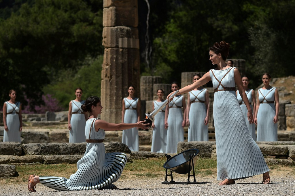 The torch-lighting ceremony was held today in Ancient Olympia