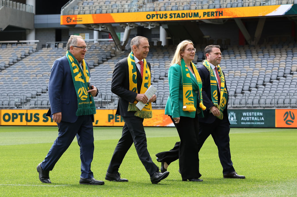 Western Australia Premier Roger Cook, second left, says the FIFA Women's World Cup legacy funding will inspire young women 