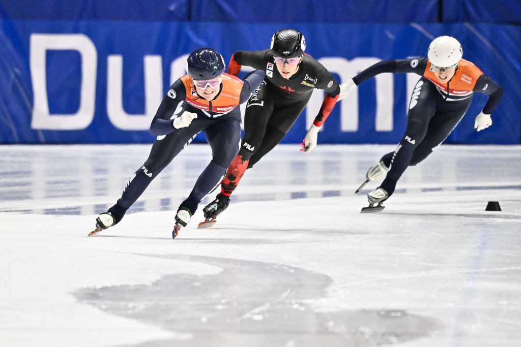 Rikki Doak, centre, survived chaos on the line to win gold for Canada at the ISU Short Track World Cup in Montreal ©ISU