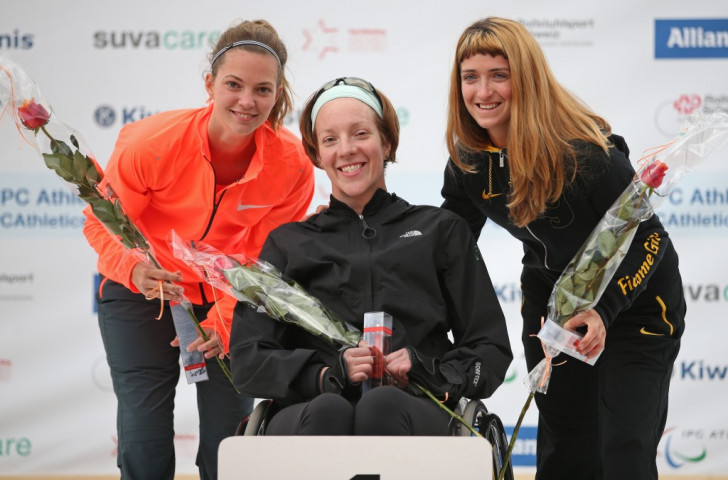 The Netherlands’ Marlou van Rhijn (left), Canada's Becky Richter (centre) and Italy's Martina Caironi (right) were three of four 100m world record breakers on day two of the IPC Athletics Grand Prix