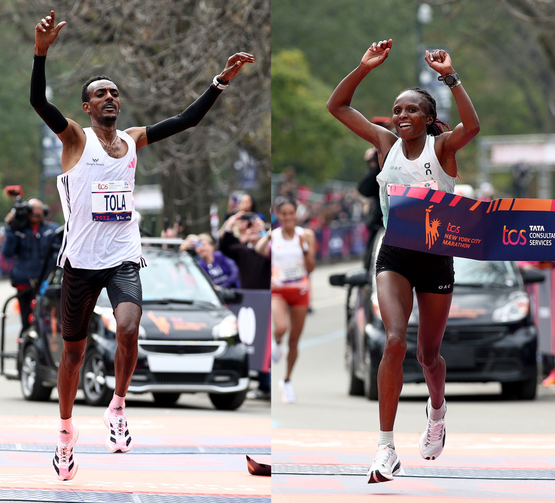 Tola and Obiri celebrate their victory just metres from the finish line. © Getty Images