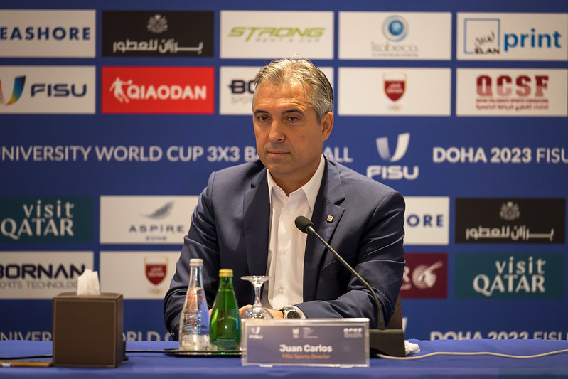 Juan Carlos Holgado, in Press Conference of the Doha 2023 FISU World Cup 3X3 Basketball. Photo : FISU