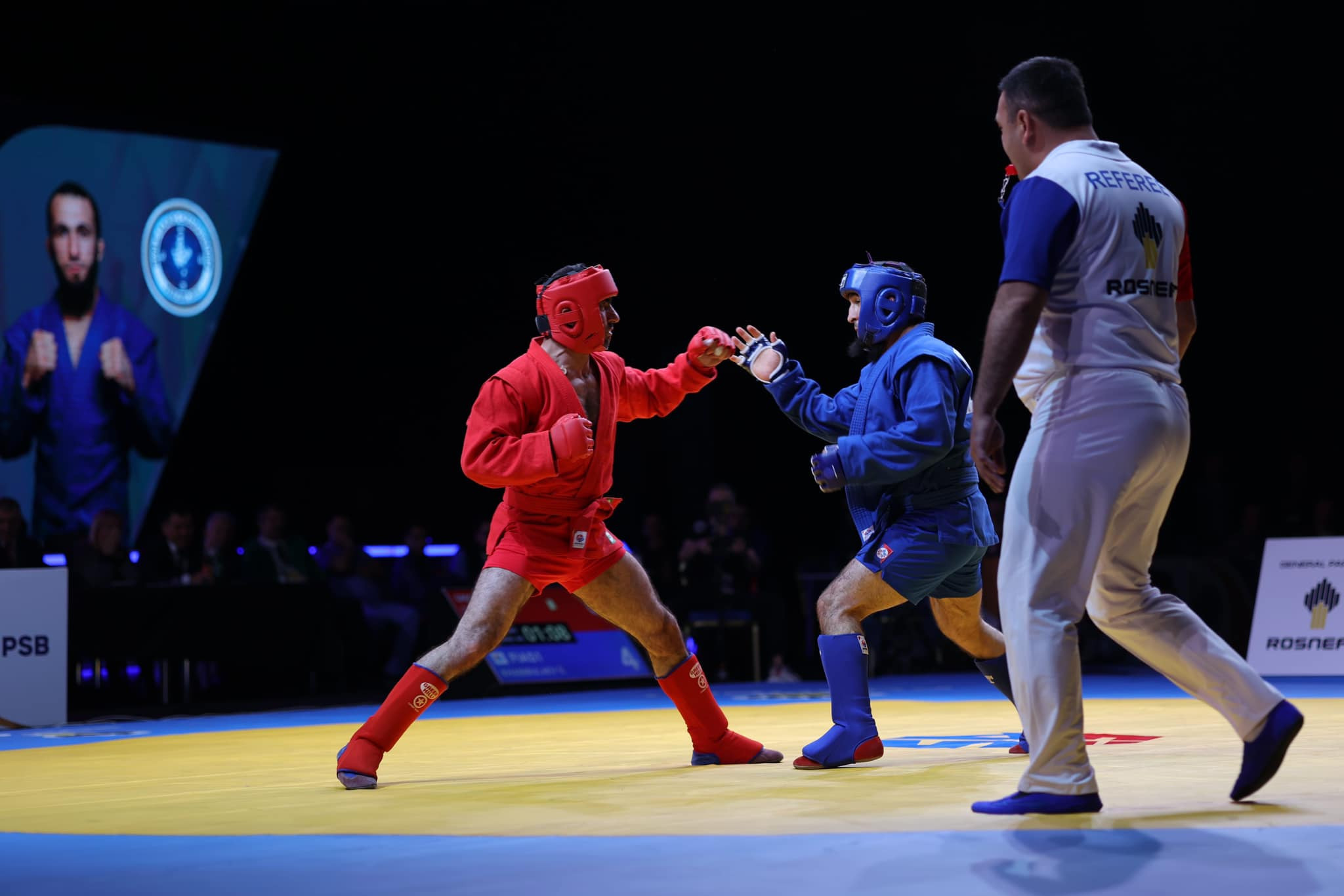 Sheikh-mansur Khabibulaev from FIAS 1 (in blue) vs Vahag Grigoryan from Armenia in the final bout in World Sambo Championships 2023 © Federation Sambo of Armenia