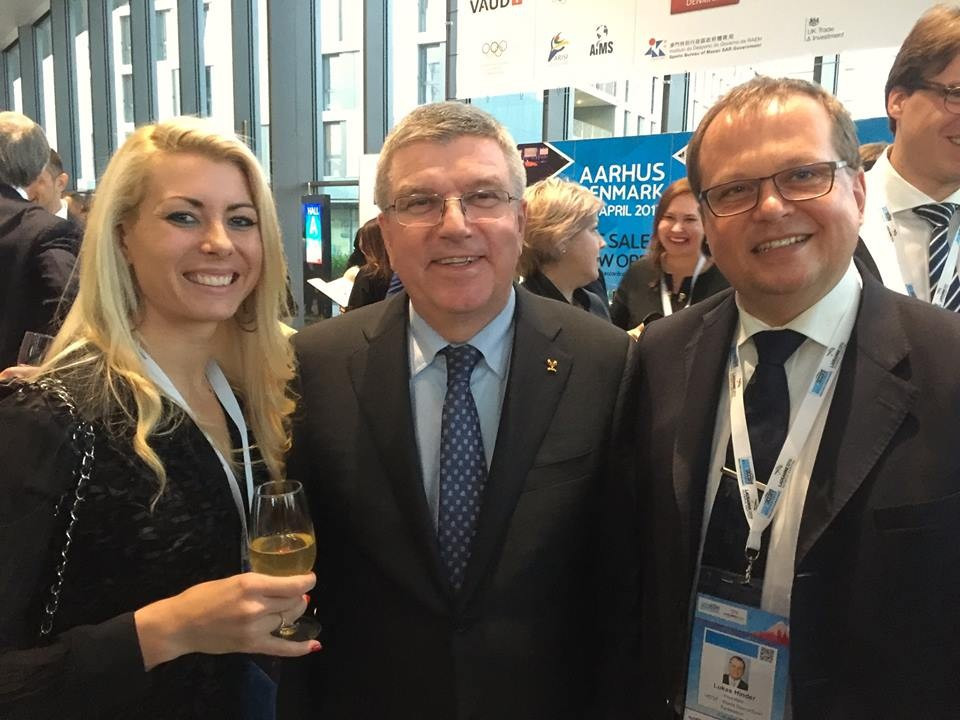 Lukas Hinder, right, has been attending the SportAccord Convention in Lausanne, where he met International Olympic Committee President Thomas Bach ©WDSF