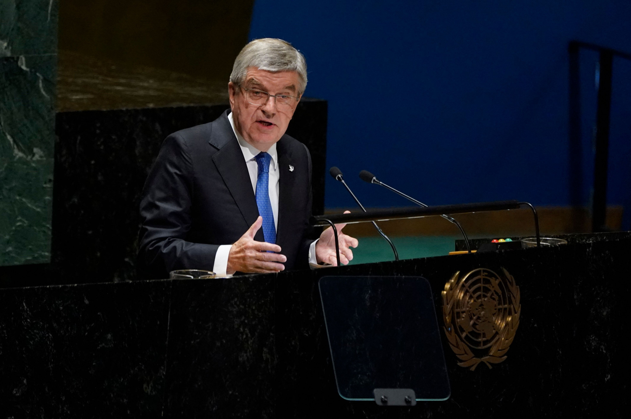 Thomas Bach, President of International Olympic Committee speaks at the UN. © Getty Images