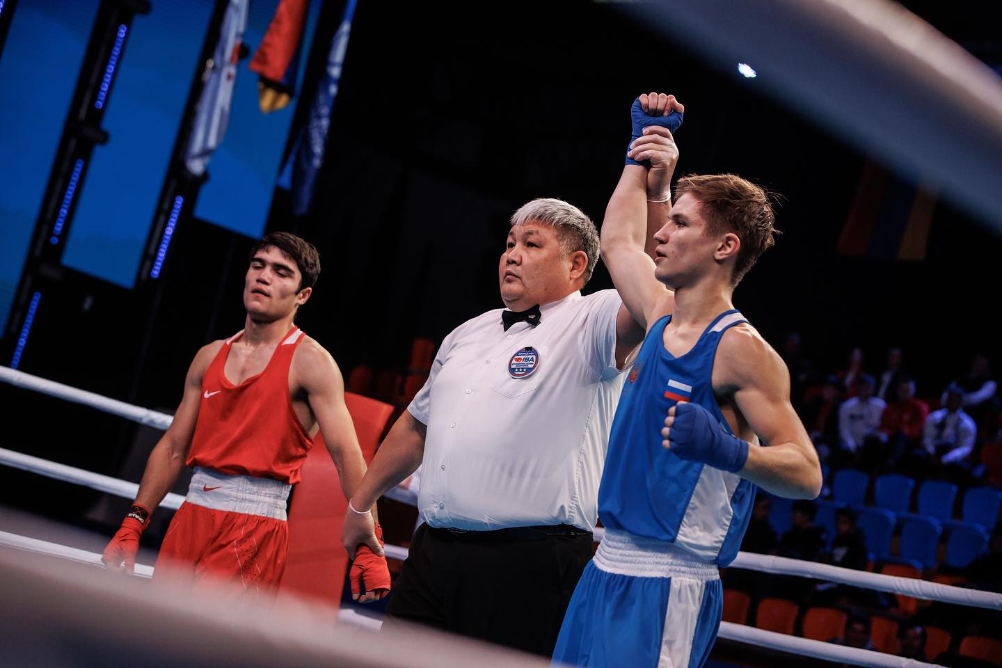 Platon Kozlov from Russia (in the blue) after defeating Abdulloh Karimzoda from Tajikistan © IBA