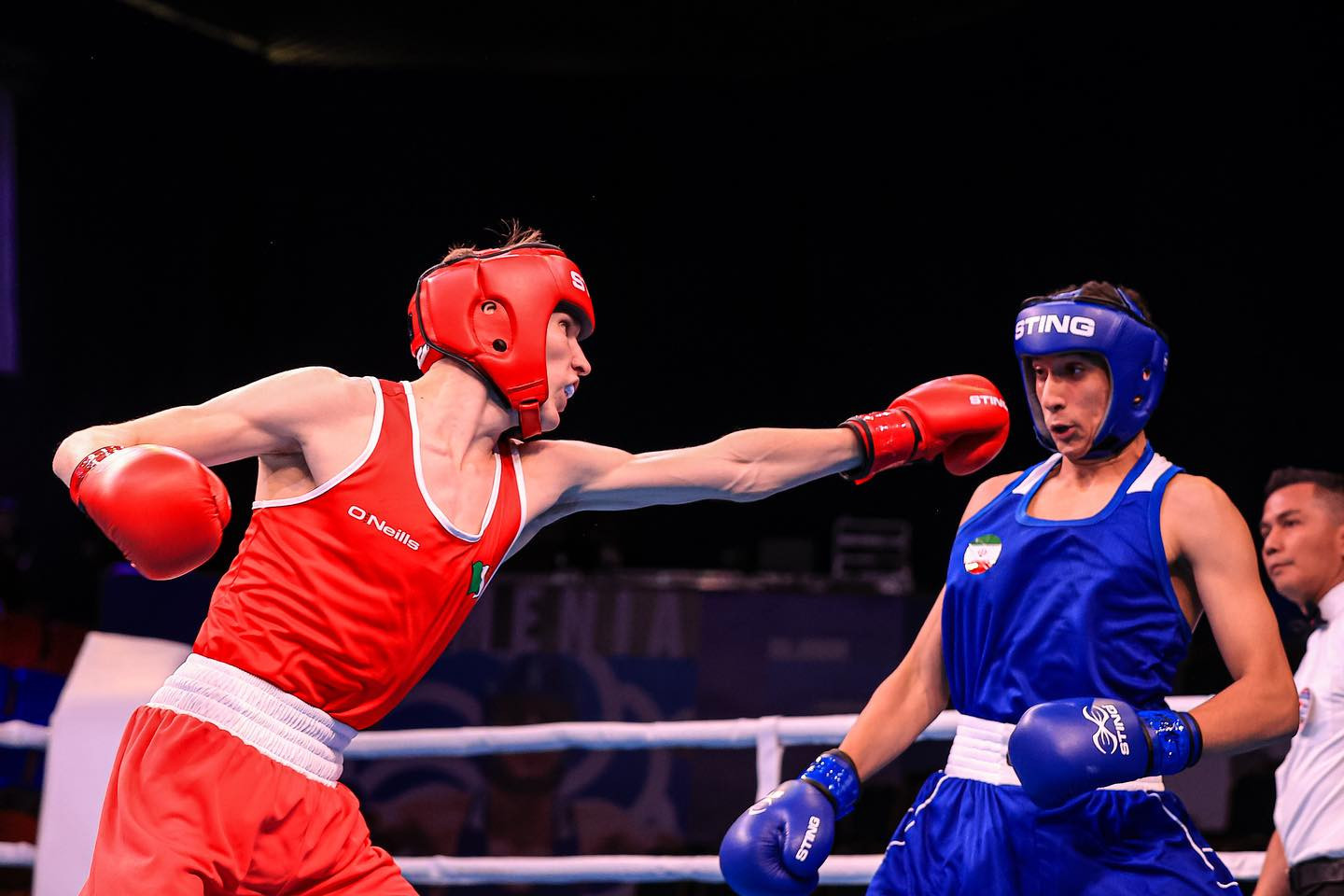 John Maher from the Republic of Ireland (in the red) in action against Amirmohammad Rostampour from Iran © IBA