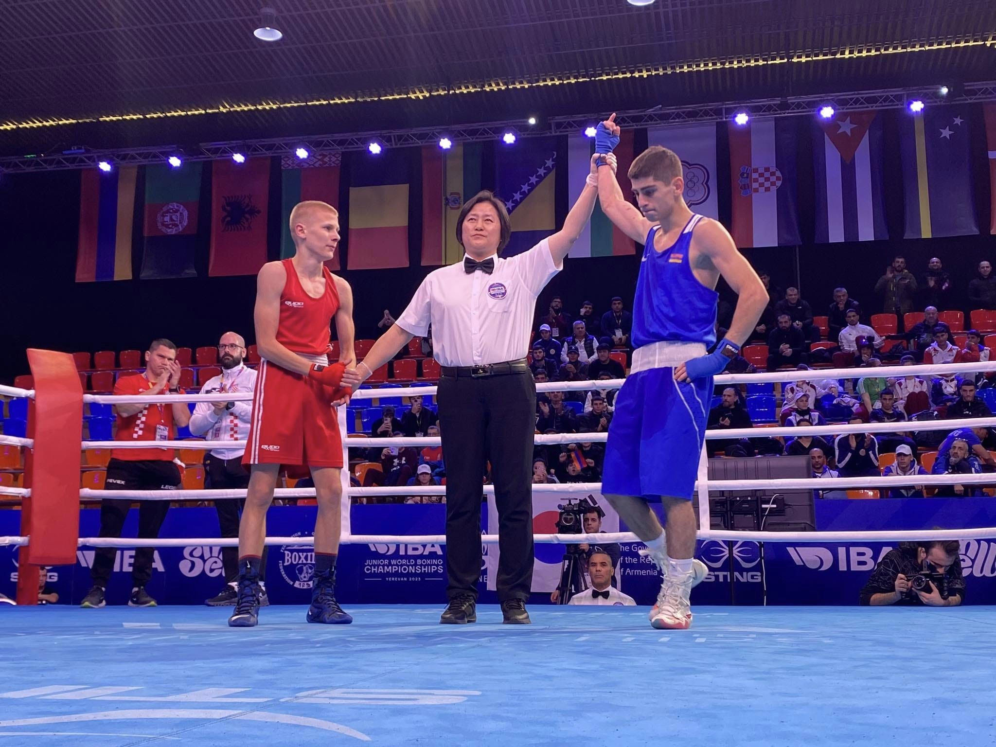 Tigran Hovsepyan from Armenia (in blue) after his fight against Mario Nakic from Croatia © Boxing Federation of Armenia