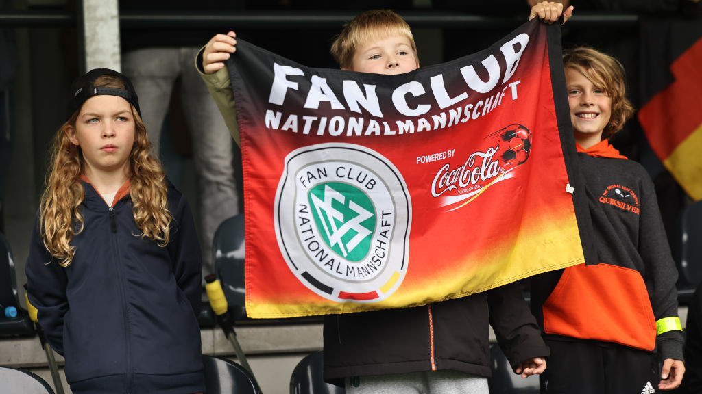  Fans of Germany react during the UEFA Under17 Girls European Championship Qualifier match between Germany and Romania at Stadion am Waldhaus on October 20, 2023 in Duisburg, Germany. (Photo by Christof Koepsel/Getty Images)
