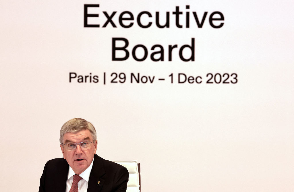 President of International Olympic Committee (IOC) Thomas Bach speaks in Paris on November 29, 2023, at the start of the executive Board committee meeting © Getty Images