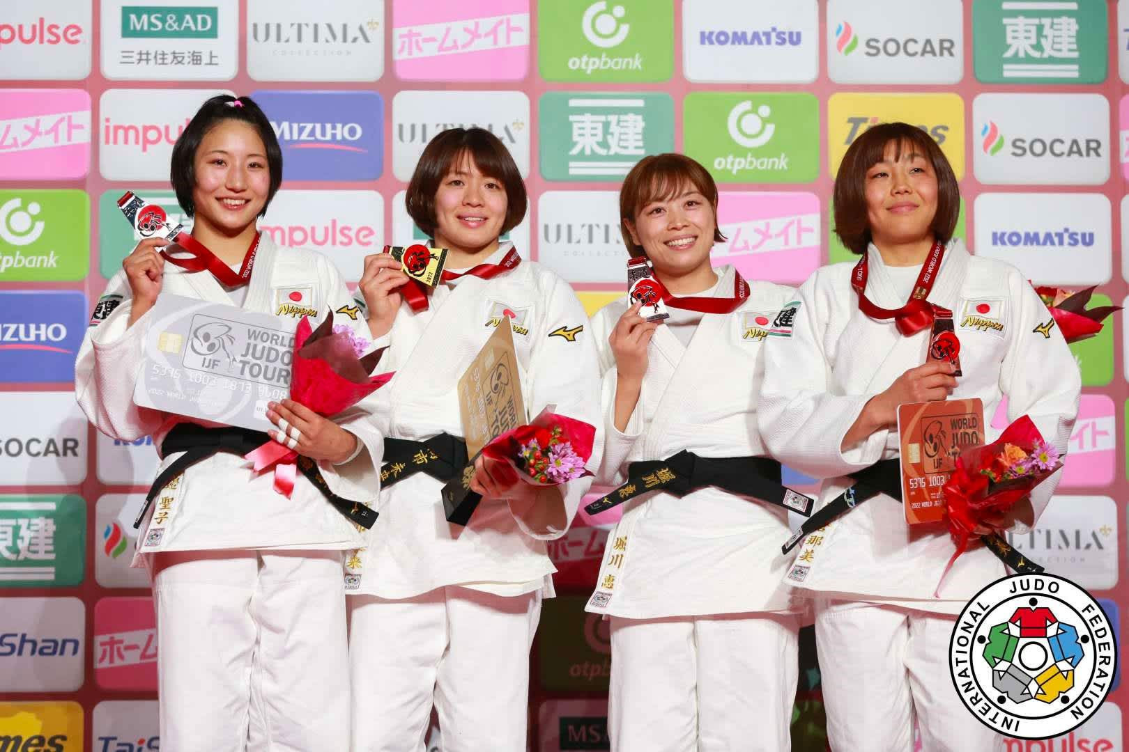 The All-Japanese -63kg podium at the Tokyo Grand Slam 2022 © IJF