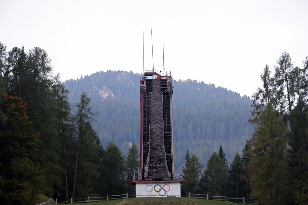CORTINA D'AMPEZZO, ITALY - Trampolino Olimpico Italia is seen on October 05, 2023 in Cortina d'Ampezzo, Italy. The venue which is no longer in use hosted ski jumping and combined during the 1956 Winter Olympic Games. (Photo by Michael Heiman/Getty Images)
