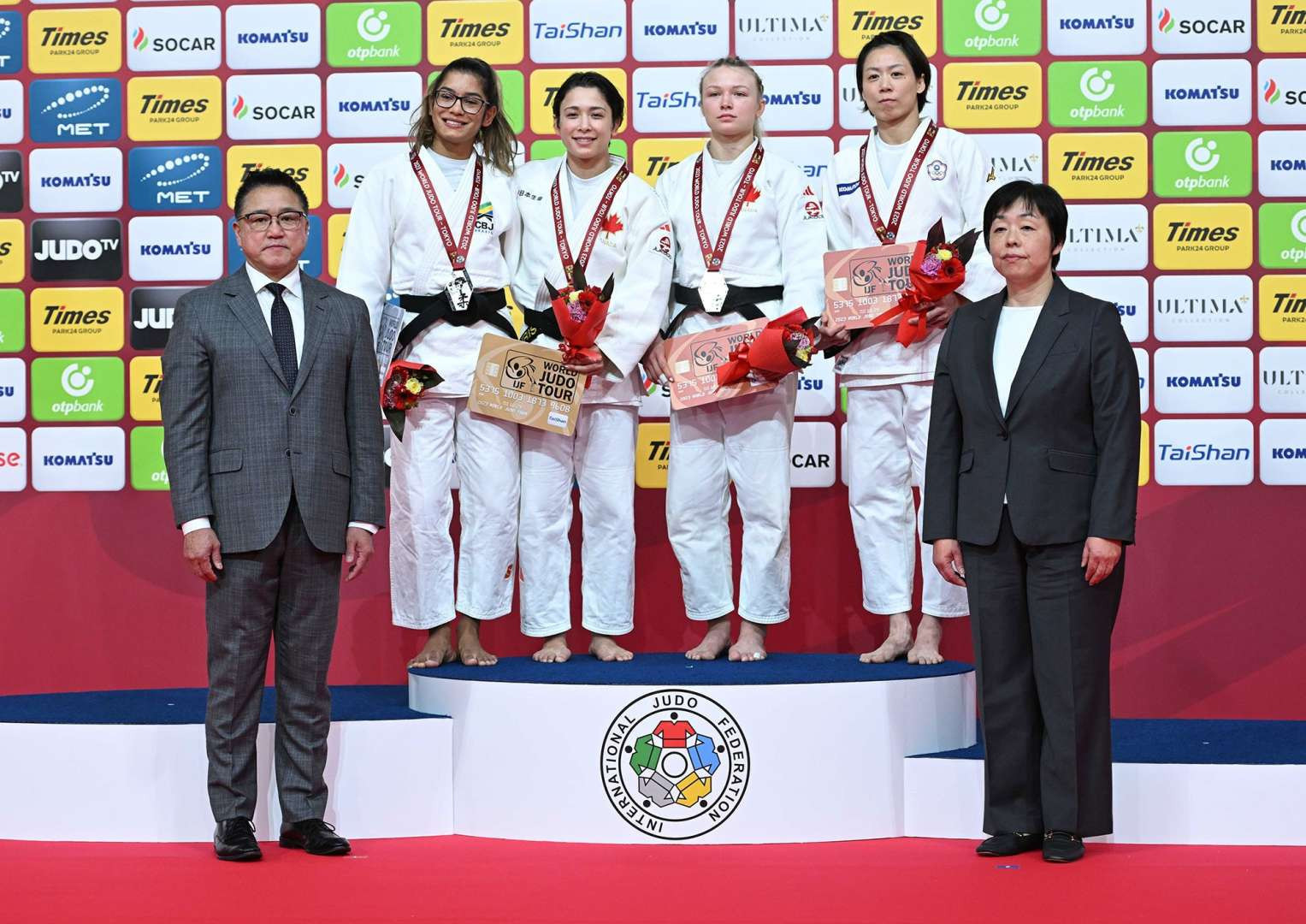 The podium of women's 57 kg weight category in 2023 Tokyo Grand Slam © IJF
