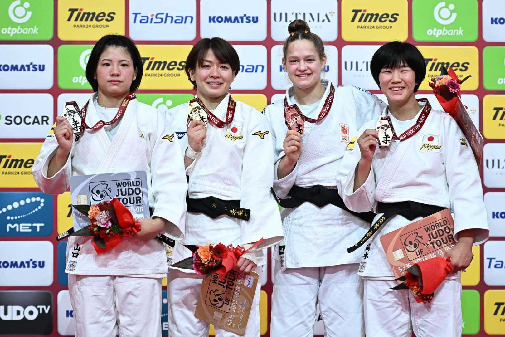 Podium of women's 63 kg weight category in Tokyo Grand Slam 2023 © IJF