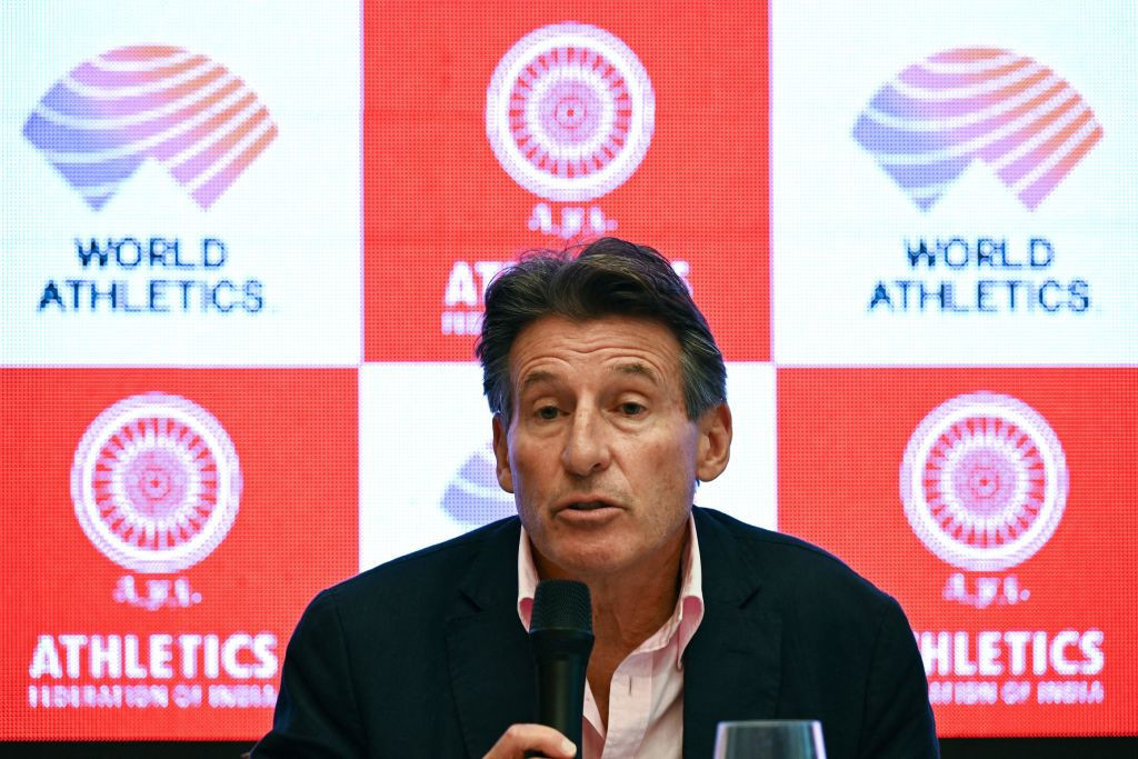Sebastian Coe, World Athletics (WA) president, speaks during a press conference © 
Getty Images
