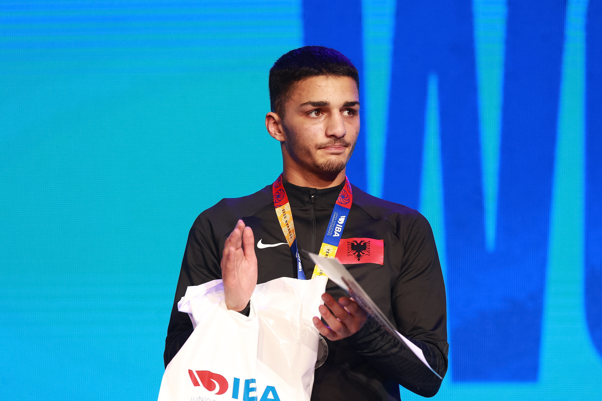 The Junior World vice-champion Adam Maca during the award ceremony in Yerevan © IBA