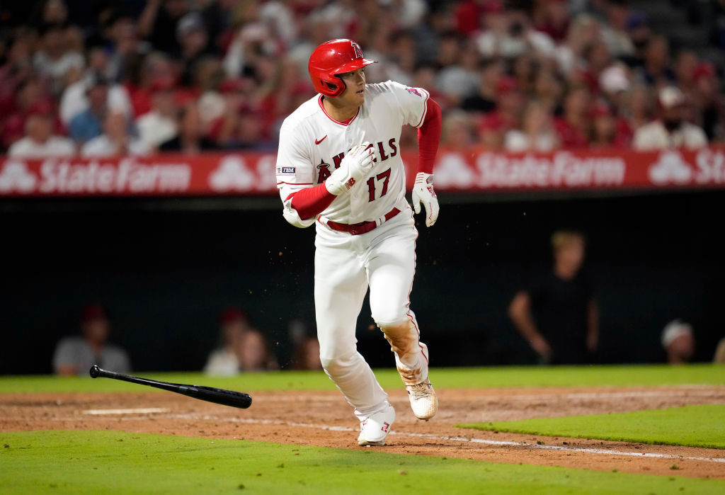 ANAHEIM, CALIFORNIA - AUGUST 7: Shohei Ohtani #17 of the Los Angeles Angels hits a double against the San Francisco Giants during the sixth inning at Angel Stadium of Anaheim on August 7, 2023 in Anaheim, California. (Photo by Kevork Djansezian/Getty Images)
