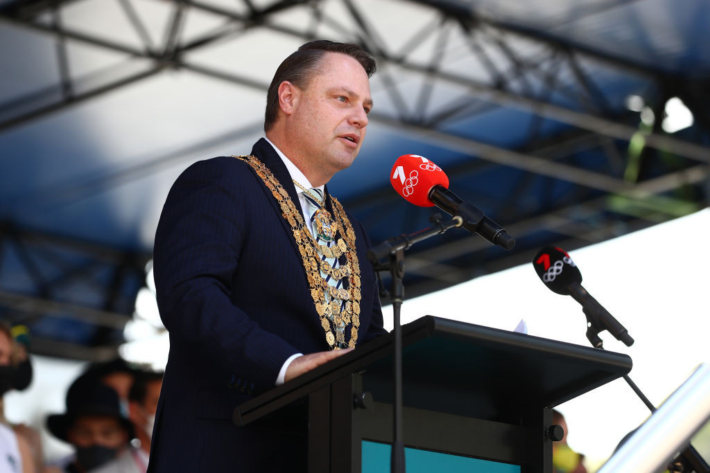 Adrian Schrinner, Lord Mayor of Brisbane speaks during the Australian 2020 Tokyo Olympic & Paralympic Celebration at King George Square in Brisbane © Getty Images