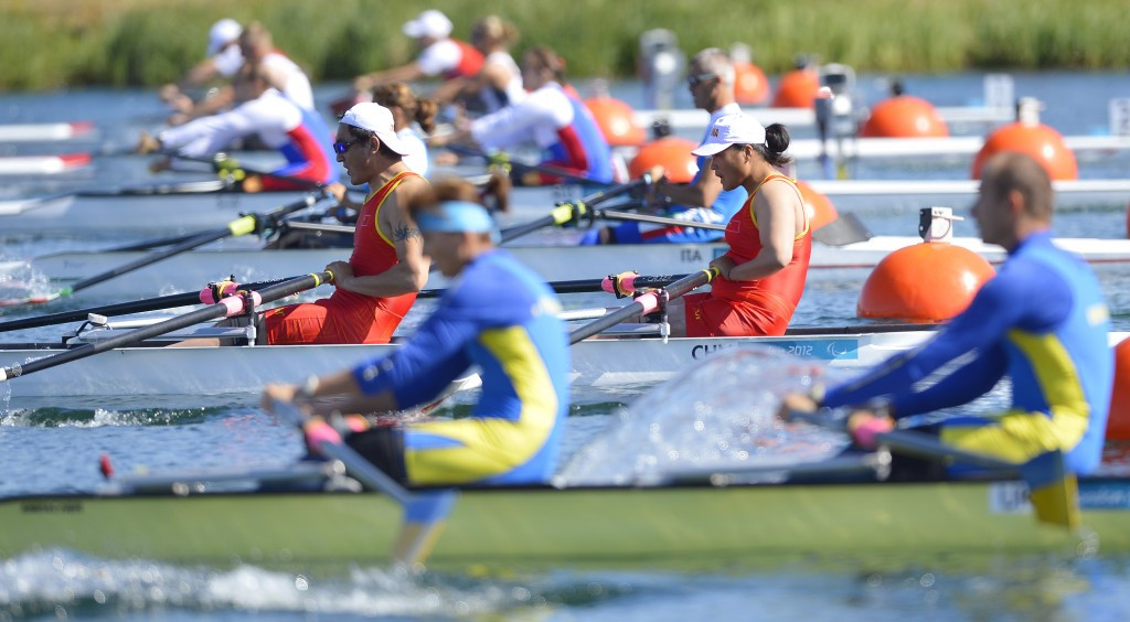 China's Shuang Liu and Tianming Fei, left, won the mixed doubles sculls at the World Rowing Final Paralympic Qualification Regatta in Gavirate to secure a place in the Paralympics at Rio 2016 ©Getty Images